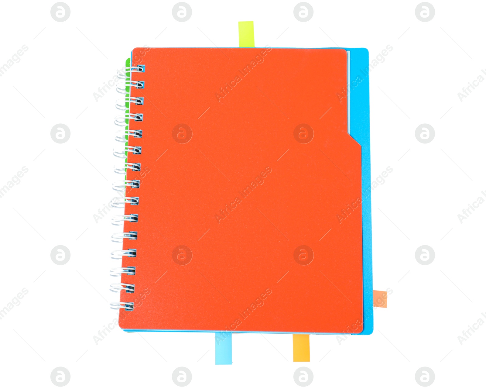 Photo of Notebook with colorful tabs isolated on white, top view