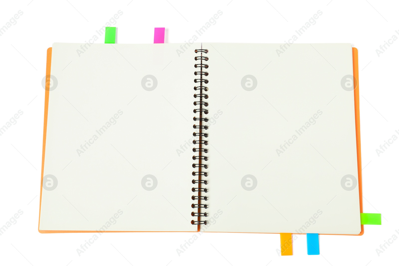 Photo of Notebook with colorful tabs isolated on white, top view