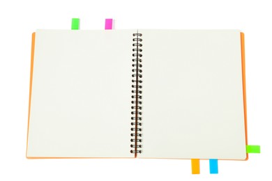 Photo of Notebook with colorful tabs isolated on white, top view