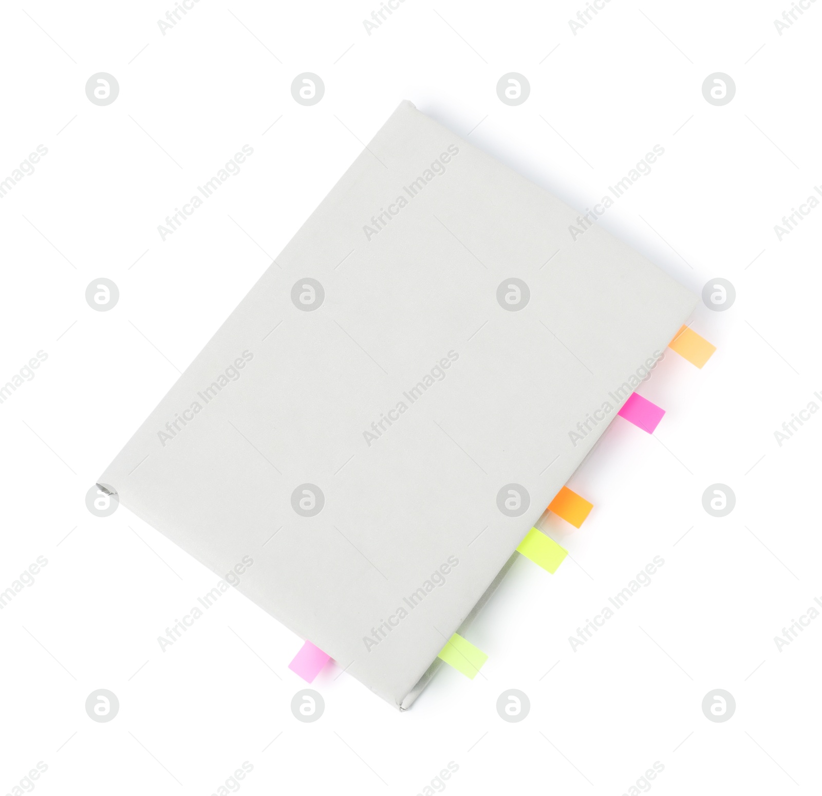 Photo of Book with colorful tabs isolated on white, top view