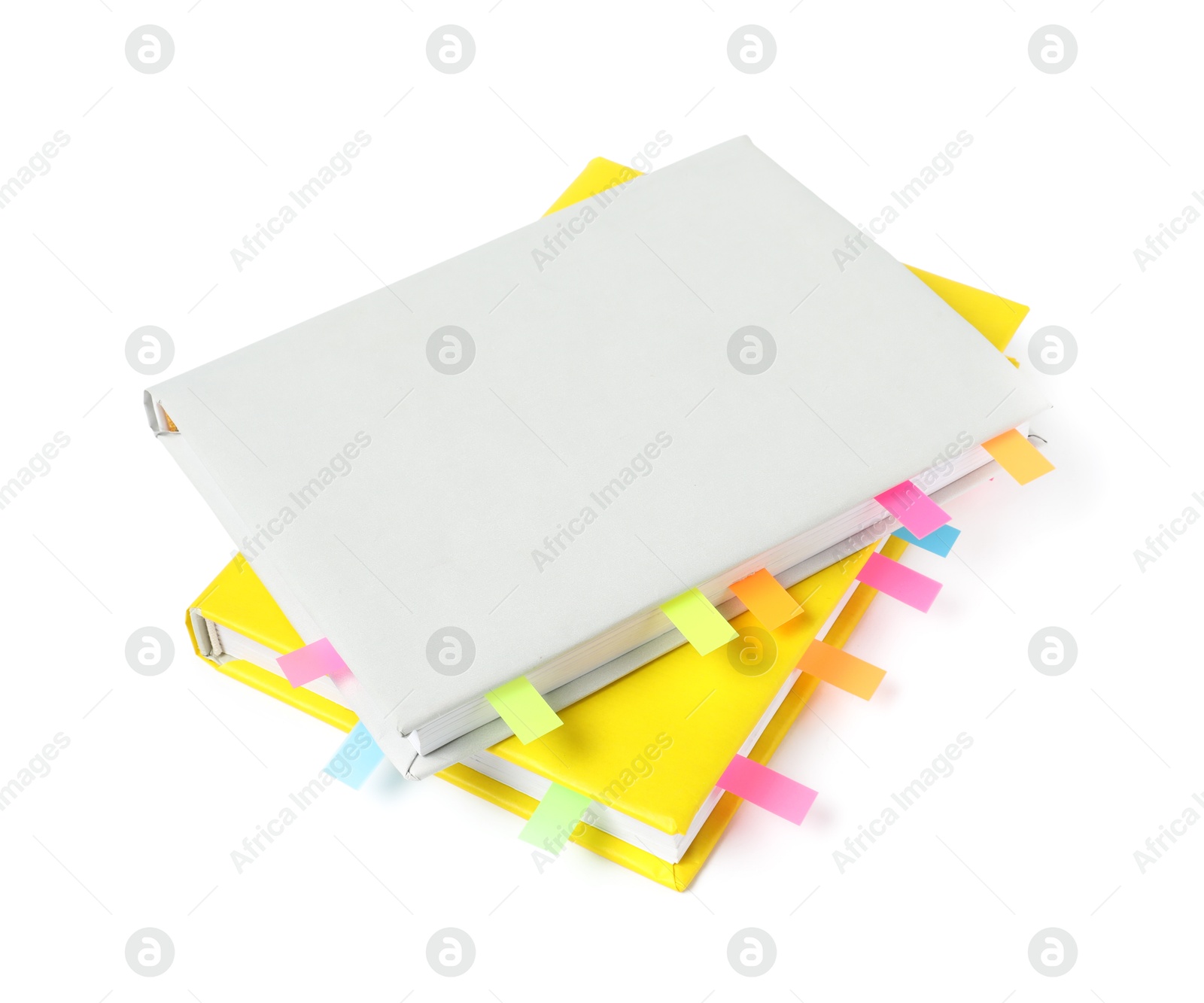 Photo of Books with colorful tabs isolated on white