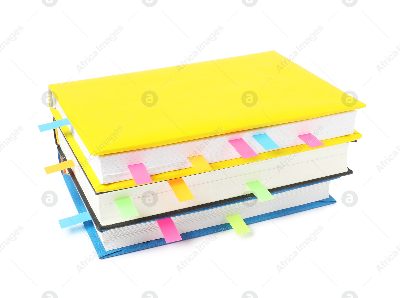 Photo of Books with colorful tabs isolated on white