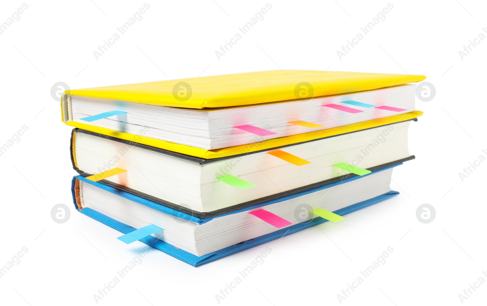 Photo of Books with colorful tabs isolated on white