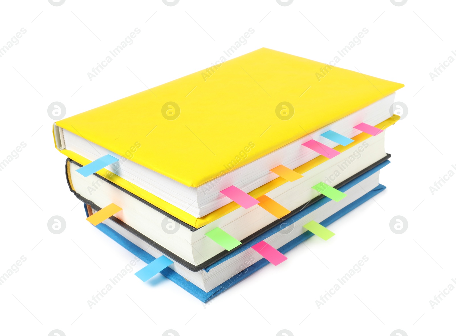 Photo of Books with colorful tabs isolated on white