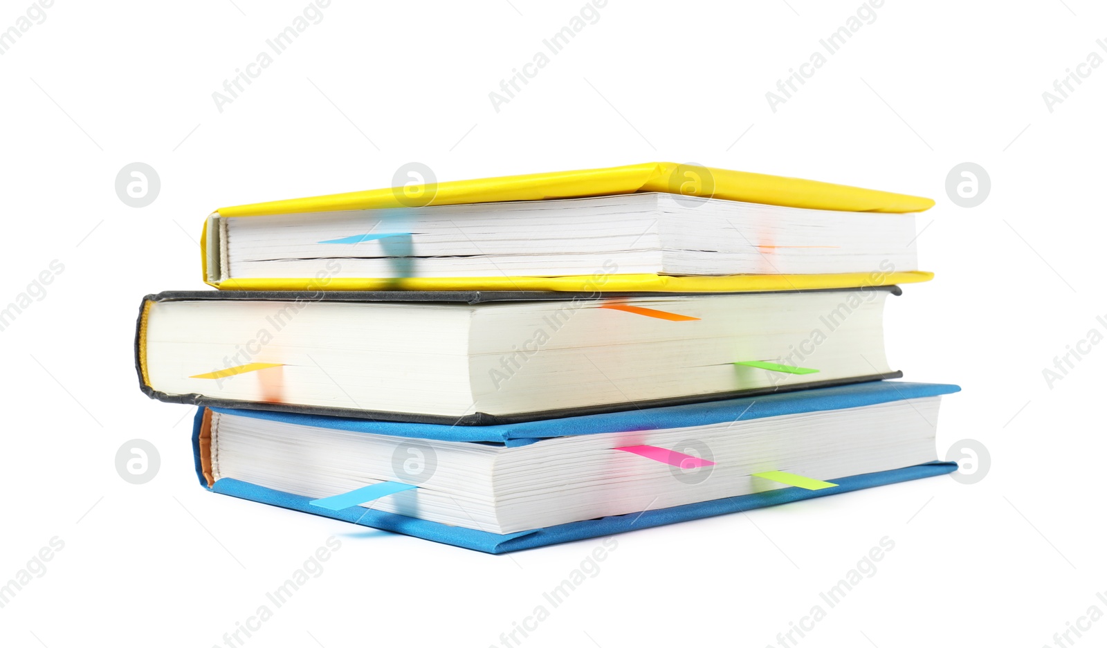 Photo of Books with colorful tabs isolated on white