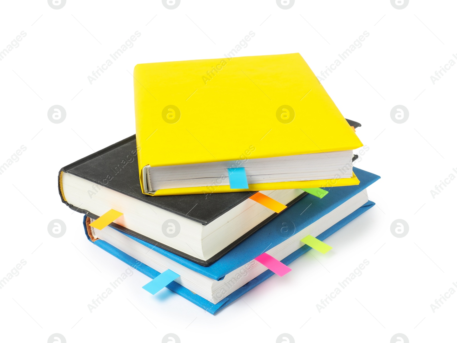 Photo of Books with colorful tabs isolated on white