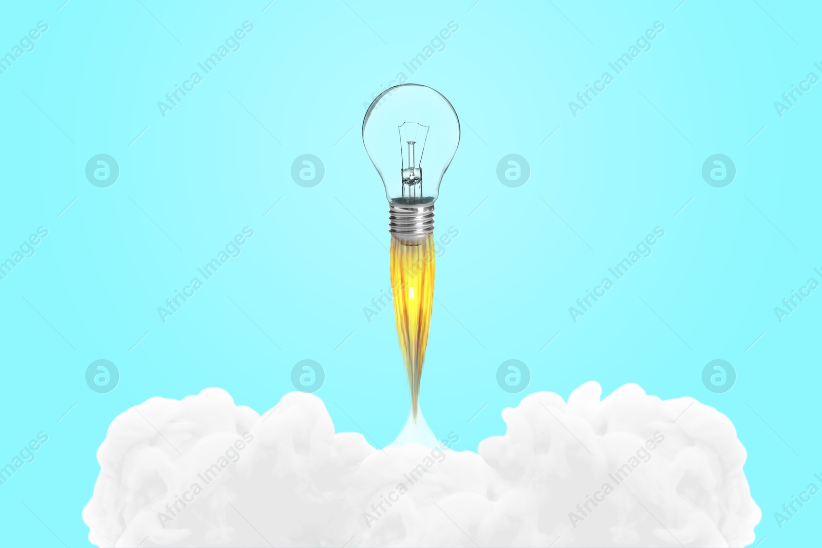 Image of Light bulb soaring up like rocket with smoke and fire on light blue background. Concepts of idea, startup, creativity, fast success