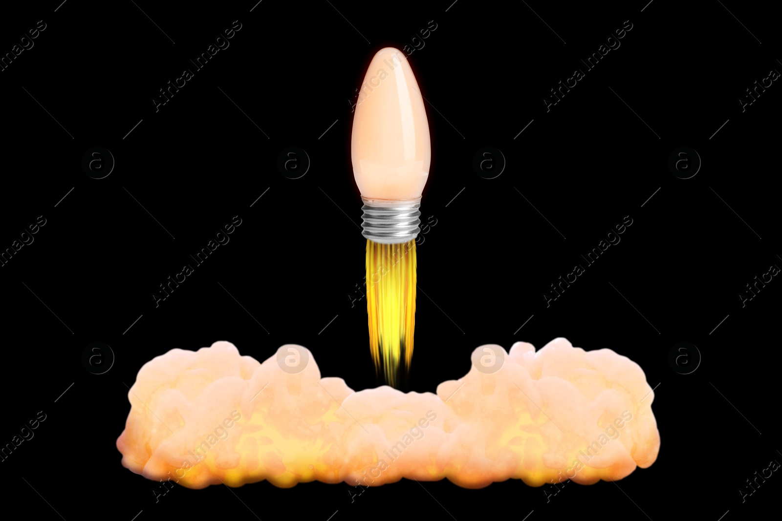 Image of Glowing light bulb soaring up like rocket with smoke and fire on black background. Concepts of idea, startup, creativity, fast success