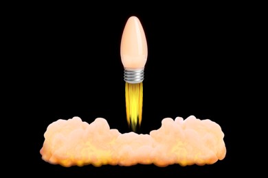 Image of Glowing light bulb soaring up like rocket with smoke and fire on black background. Concepts of idea, startup, creativity, fast success