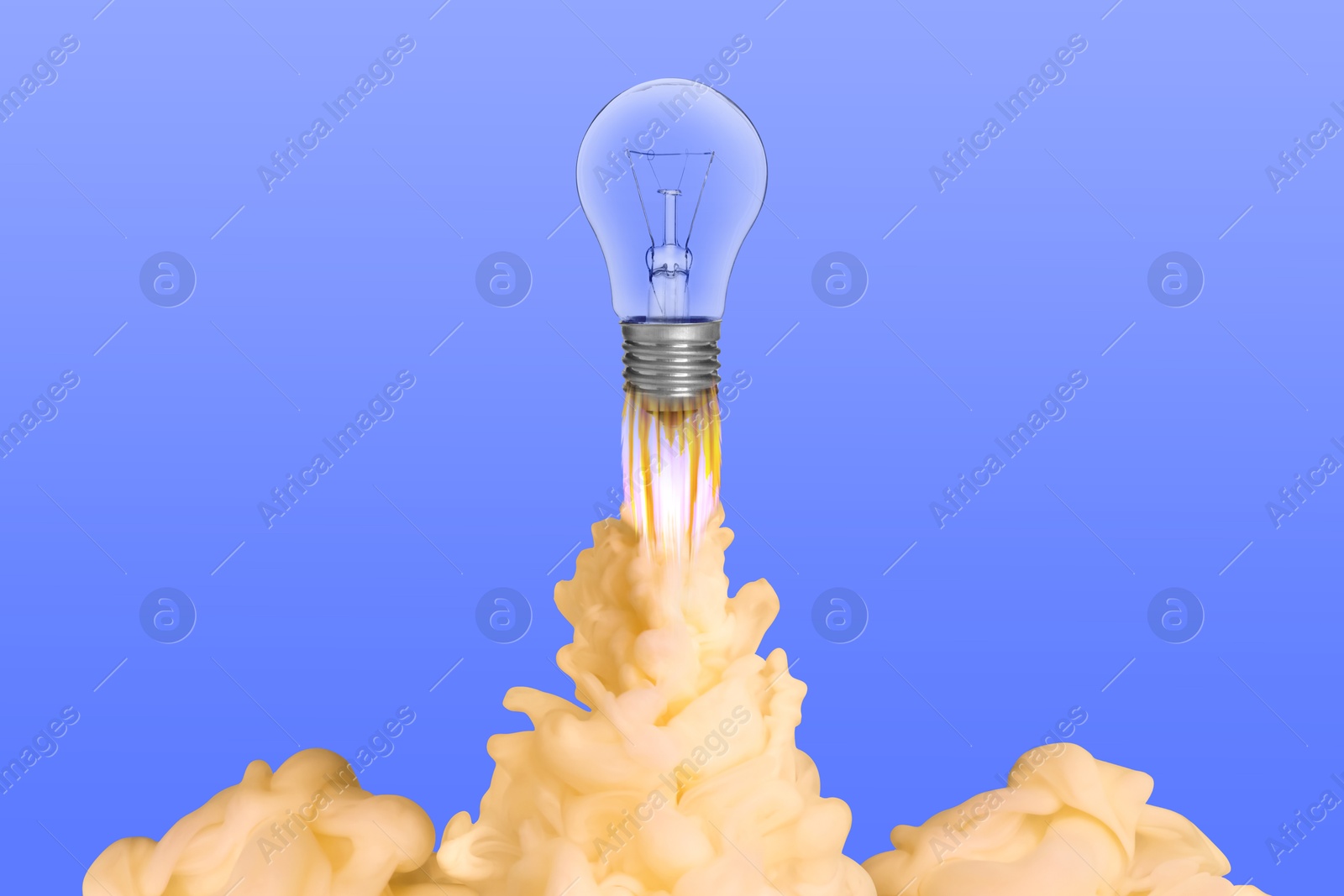 Image of Light bulb soaring up like rocket with smoke and fire on light violet blue background. Concepts of idea, startup, creativity, fast success