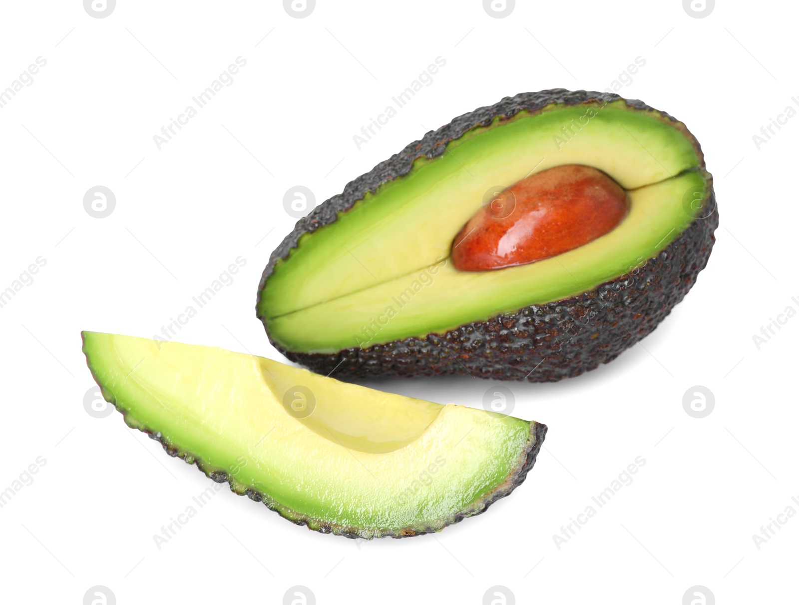 Photo of Slices of ripe avocado isolated on white, above view