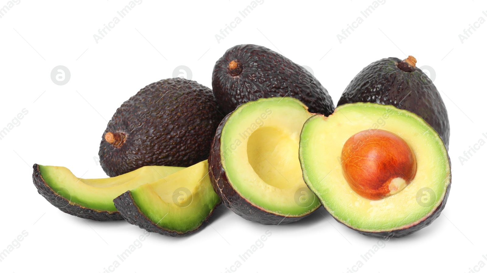 Photo of Whole and cut avocados isolated on white