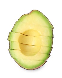 Photo of Slices of ripe avocado isolated on white, above view