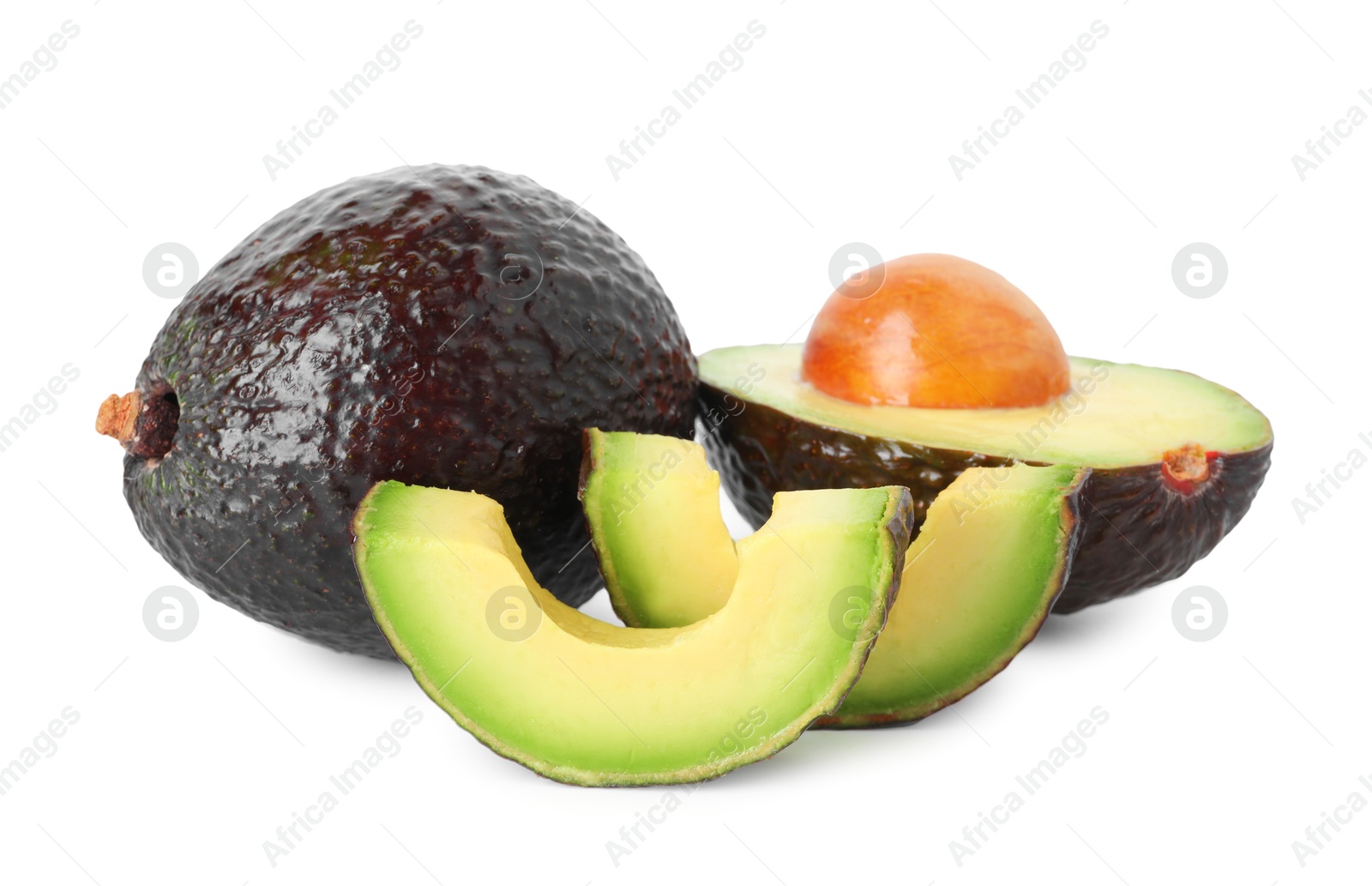 Photo of Whole and cut avocados isolated on white