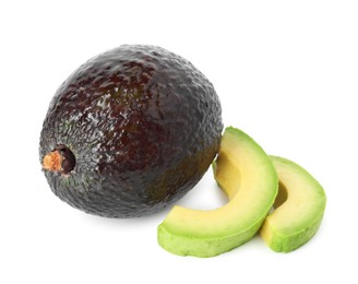 Photo of Whole and cut avocados isolated on white