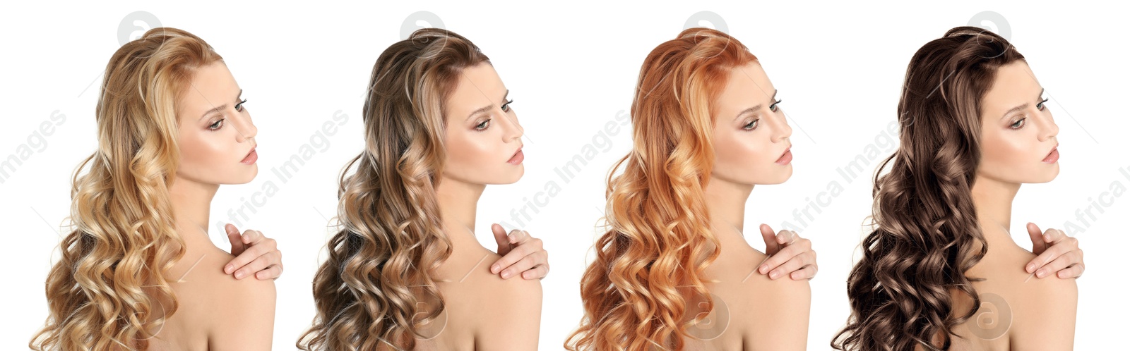 Image of Beautiful woman with hair dyed in different natural shades on white background, collage. Banner design