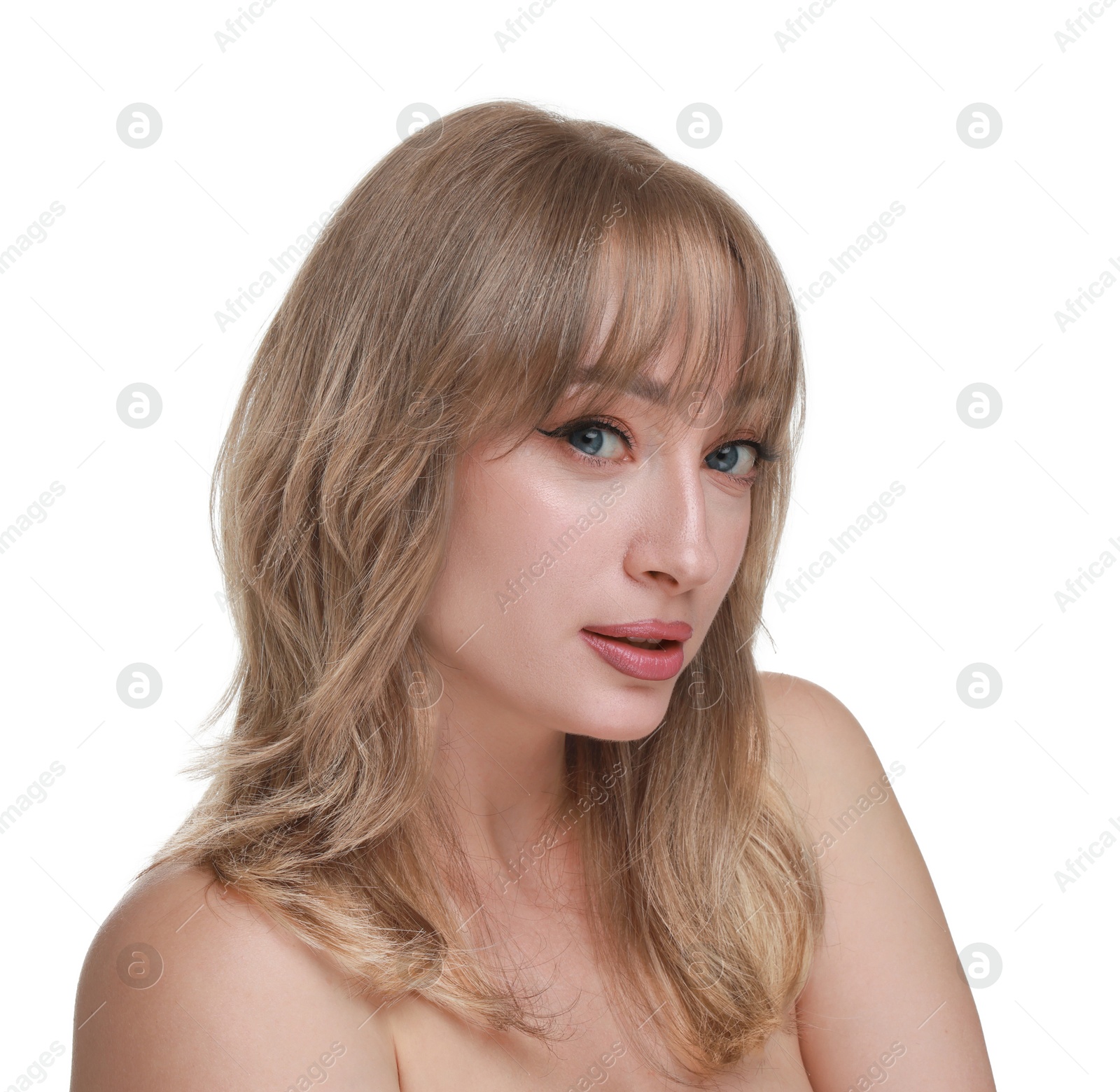 Image of Beautiful woman with hair dyed in natural color on white background