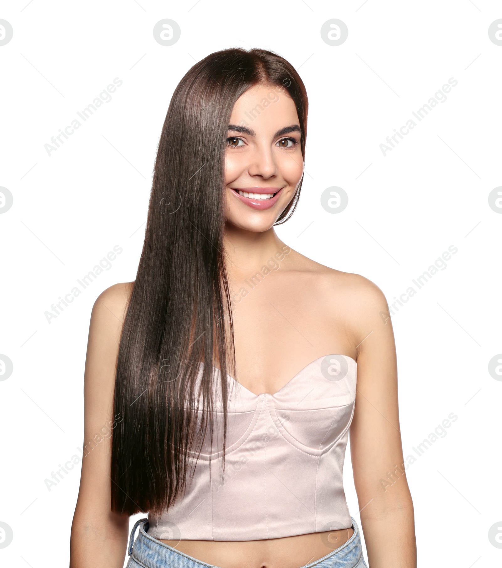 Image of Beautiful woman with hair dyed in natural color on white background