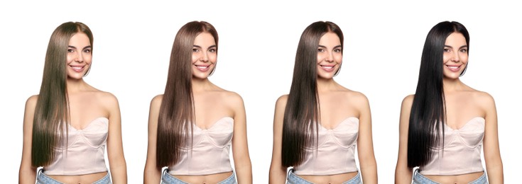 Image of Beautiful woman with hair dyed in different natural shades on white background, collage. Banner design