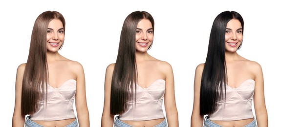 Image of Beautiful woman with hair dyed in different natural shades on white background, collage. Banner design