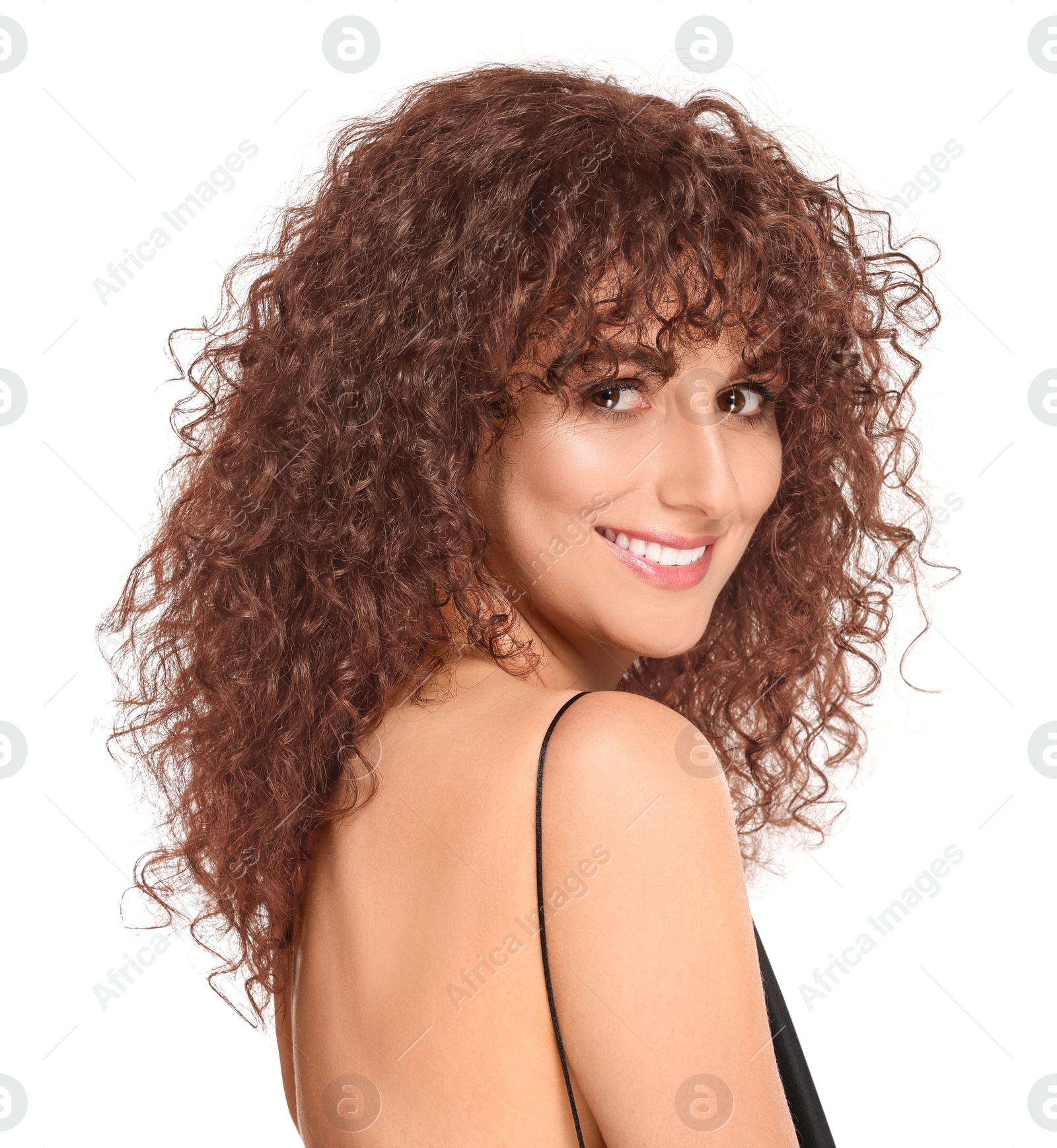 Image of Beautiful woman with hair dyed in natural color on white background