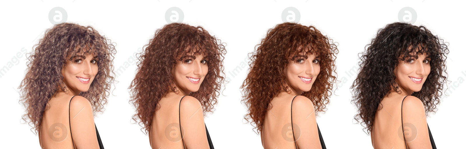 Image of Beautiful woman with hair dyed in different natural shades on white background, collage. Banner design