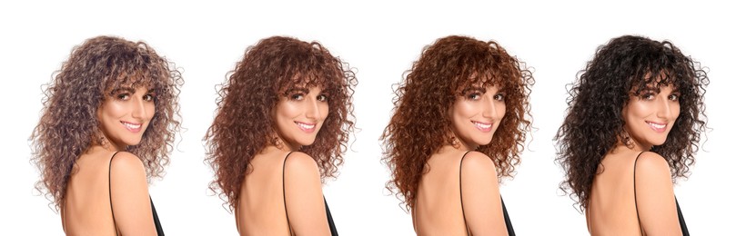 Image of Beautiful woman with hair dyed in different natural shades on white background, collage. Banner design