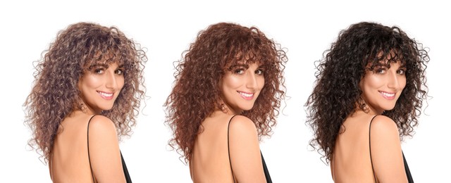 Image of Beautiful woman with hair dyed in different natural shades on white background, collage. Banner design