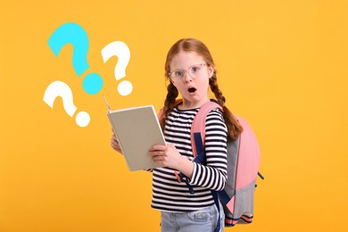 Image of Shocked little girl on orange background. Question marks coming out of book