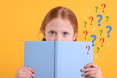 Image of LIttle girl peering out of book and question marks on orange background