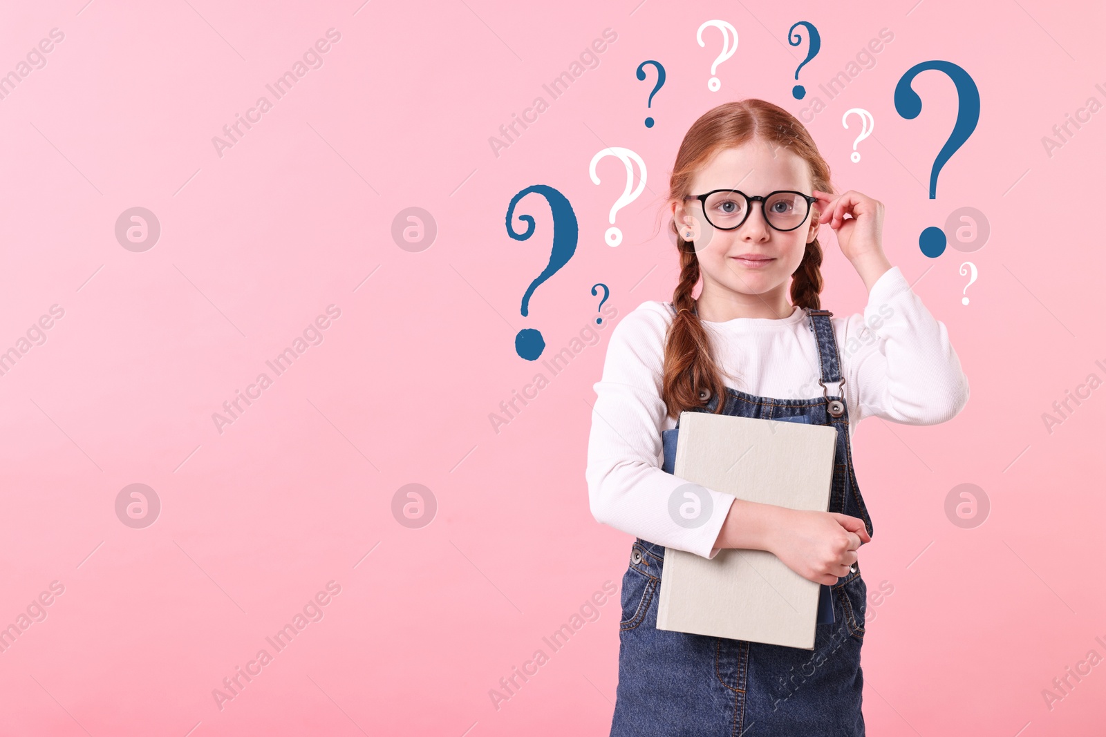 Image of Question marks around little girl on pink background, space for text