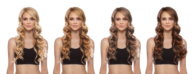 Image of Beautiful woman with hair dyed in different natural shades on white background, collage. Banner design