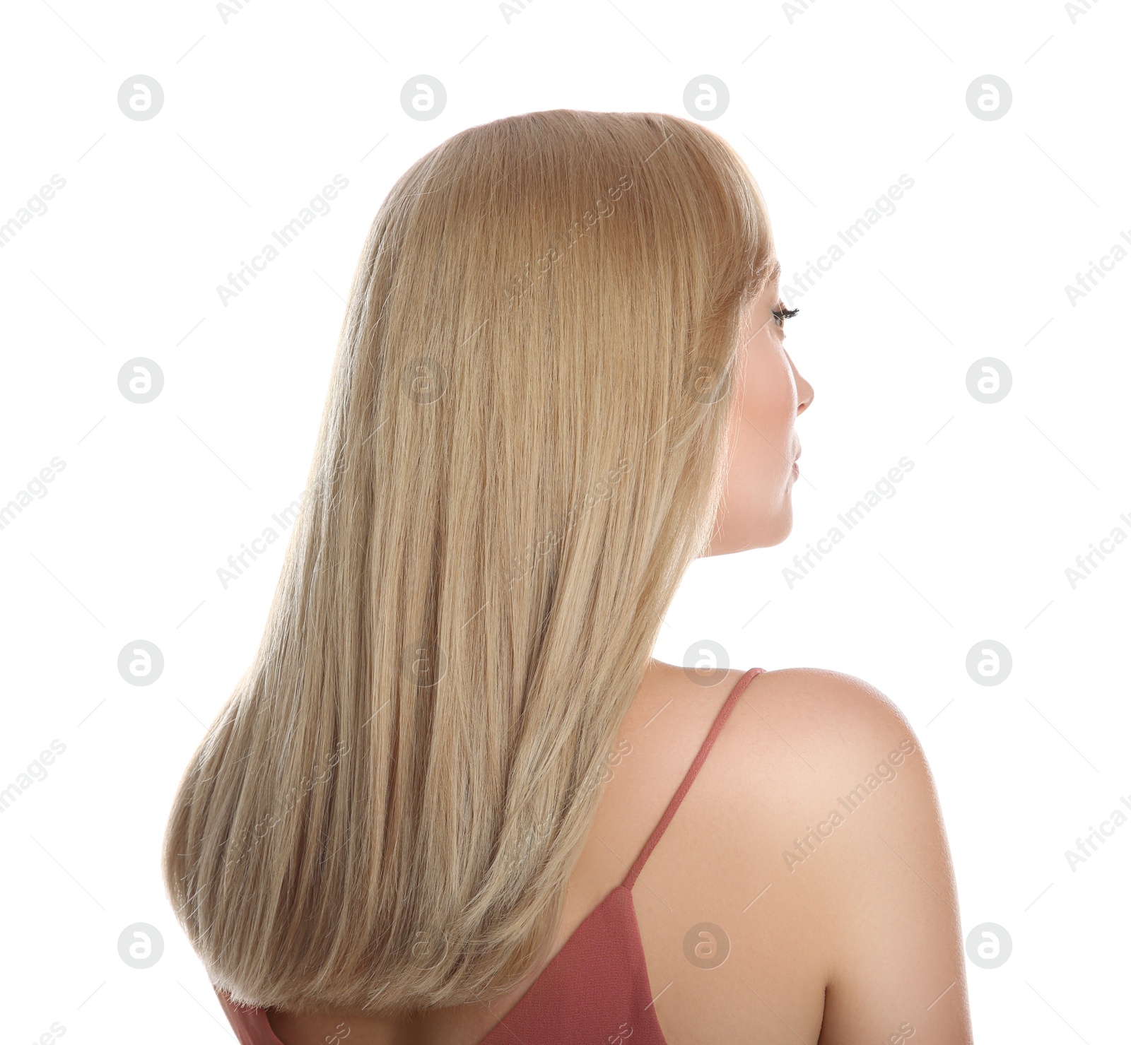 Image of Beautiful woman with hair dyed in natural color on white background