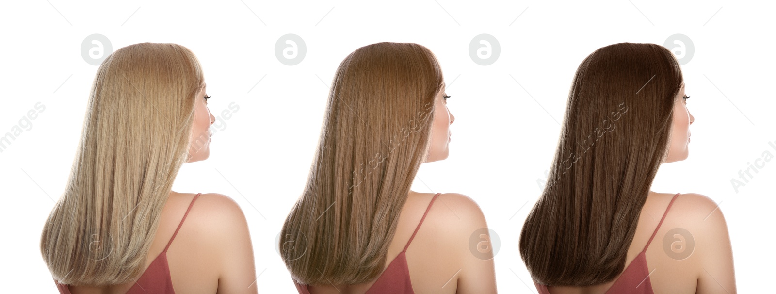 Image of Beautiful woman with hair dyed in different natural shades on white background, collage. Banner design