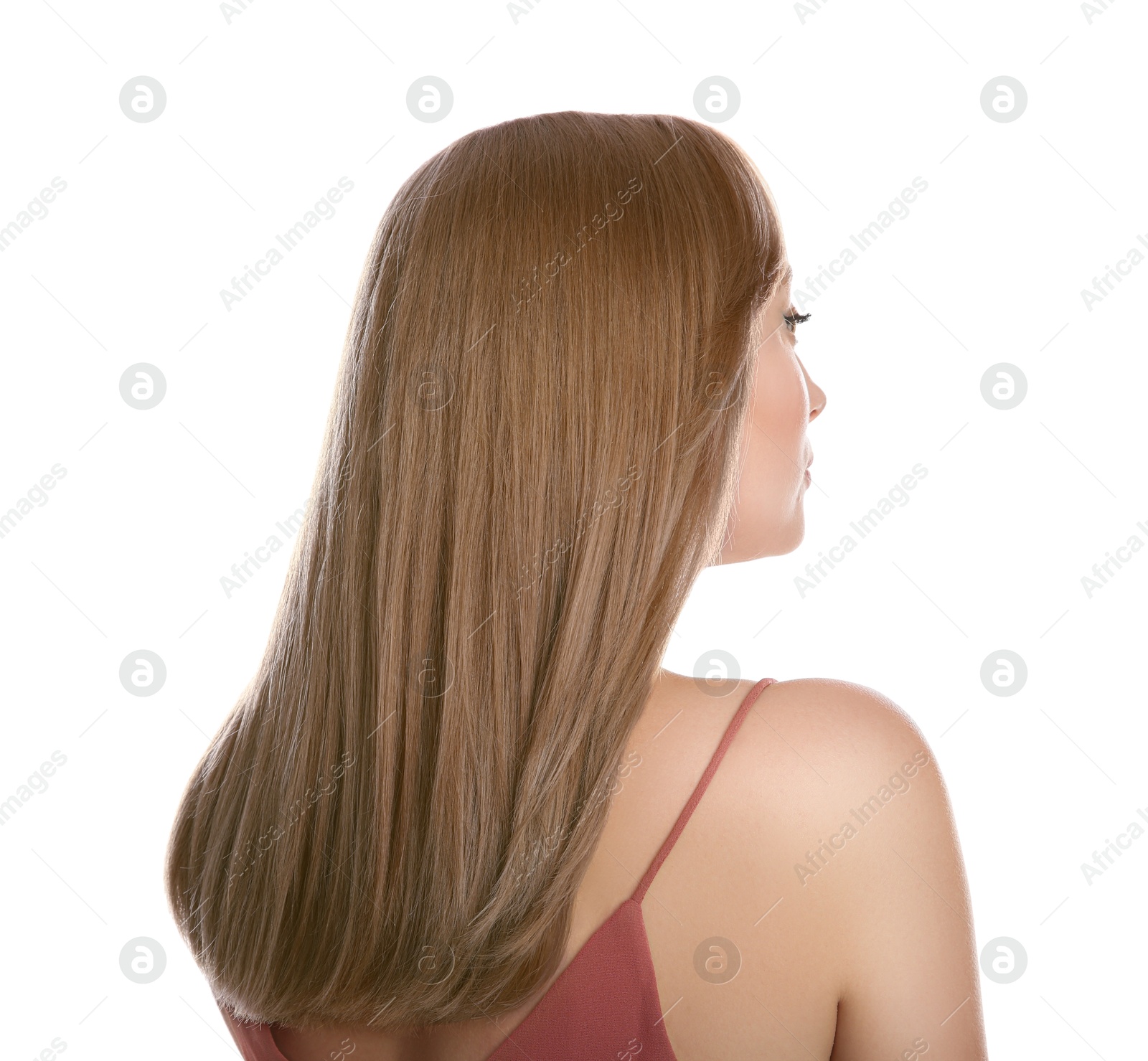 Image of Beautiful woman with hair dyed in natural color on white background