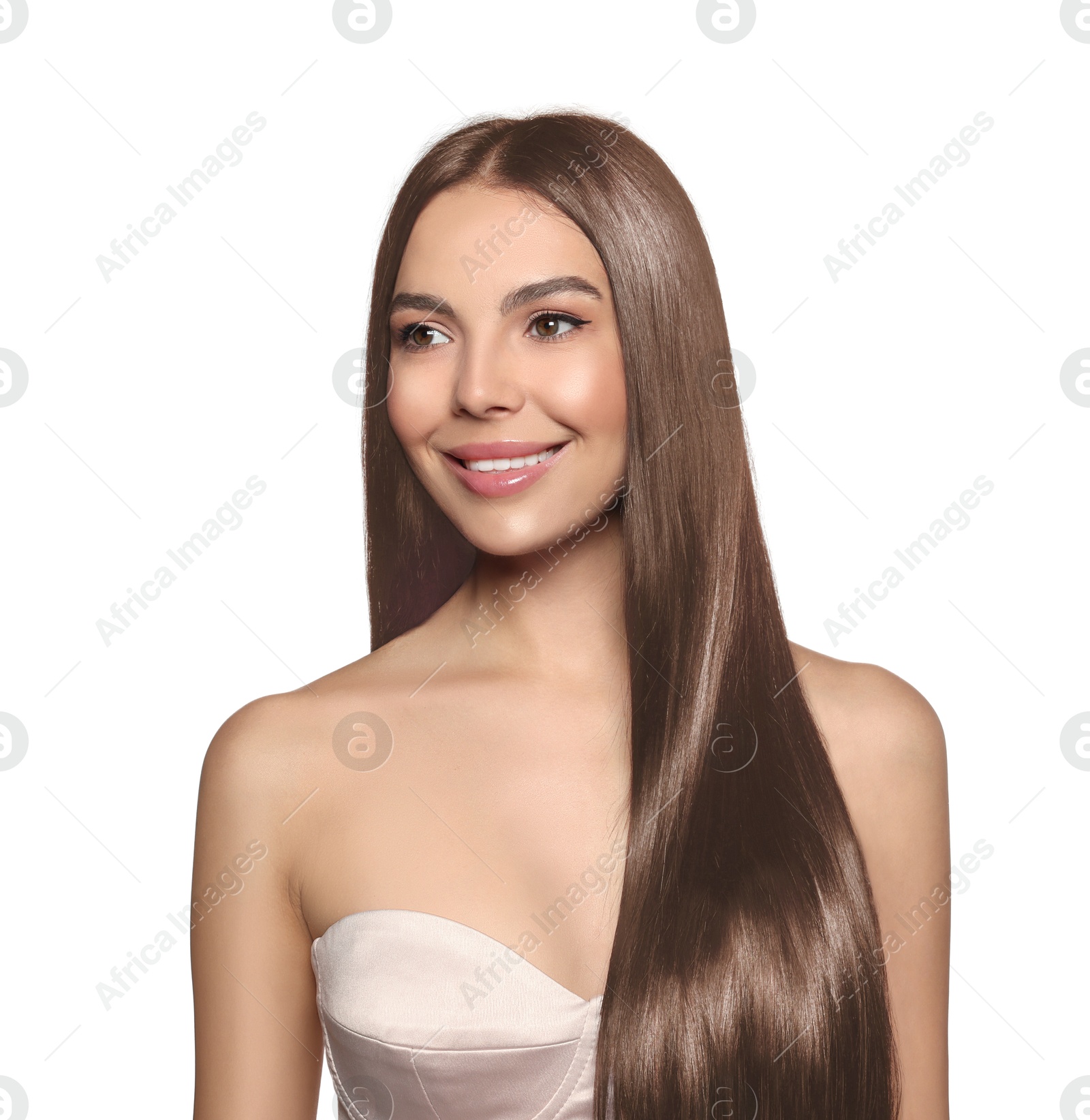 Image of Beautiful woman with hair dyed in natural color on white background