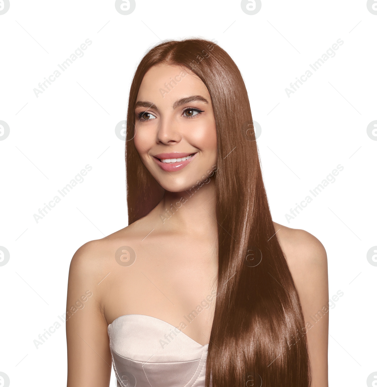 Image of Beautiful woman with hair dyed in natural color on white background