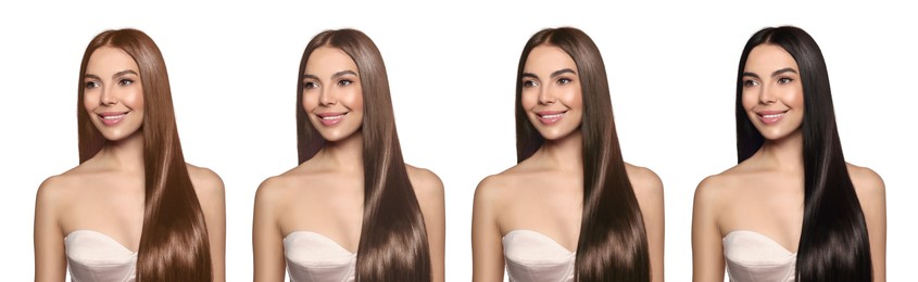 Image of Beautiful woman with hair dyed in different natural shades on white background, collage. Banner design