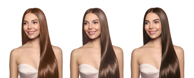 Image of Beautiful woman with hair dyed in different natural shades on white background, collage. Banner design