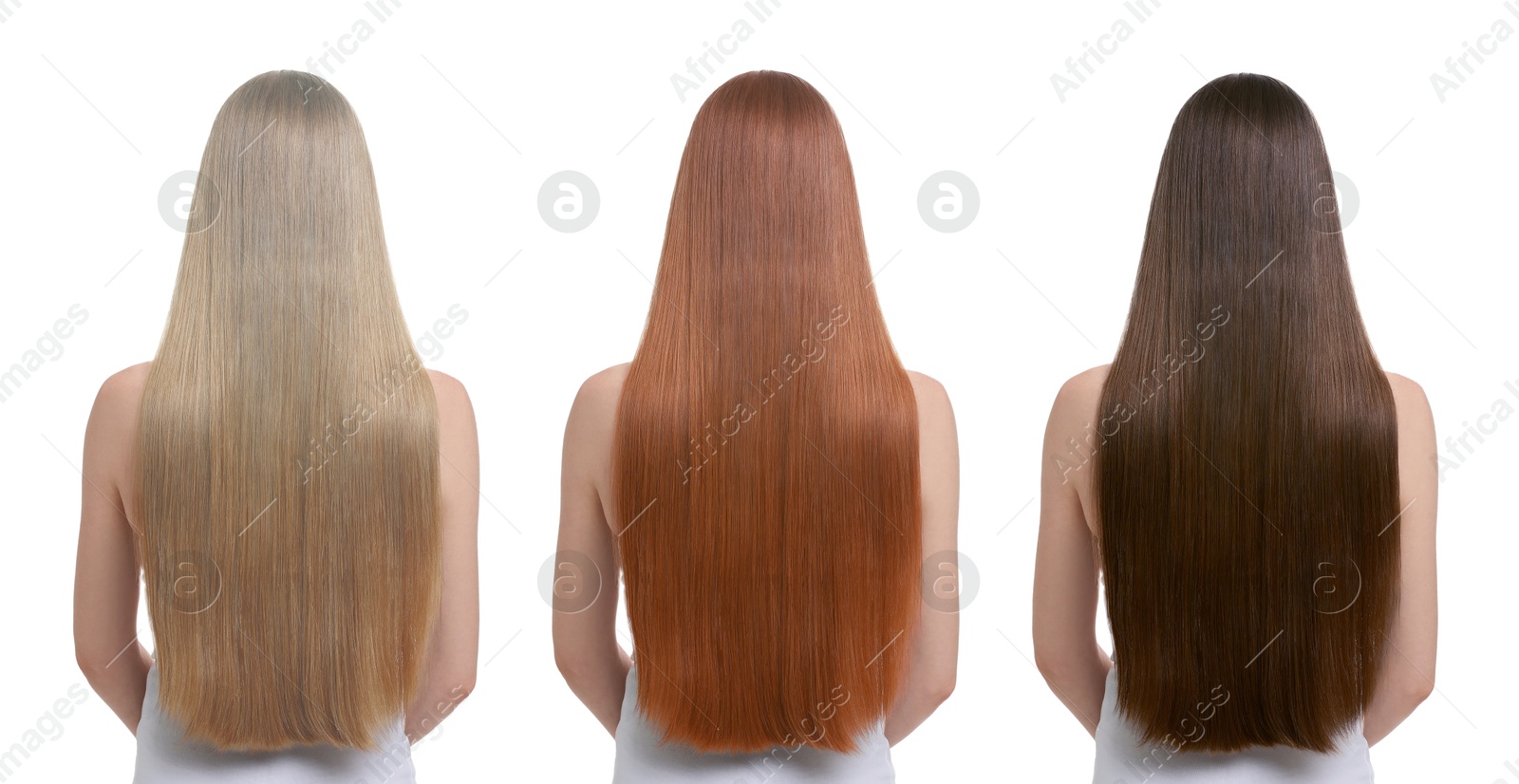 Image of Woman with beautiful hair dyed in different natural shades on white background, collage. Banner design