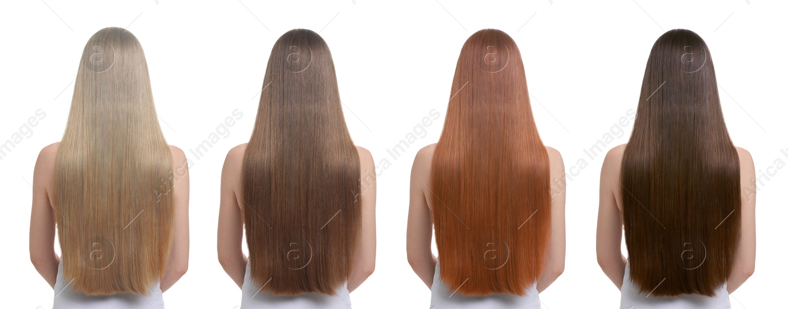 Image of Woman with beautiful hair dyed in different natural shades on white background, collage. Banner design