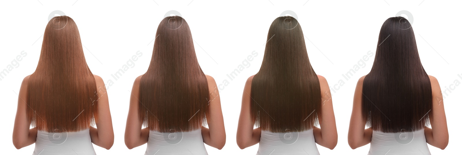 Image of Woman with beautiful hair dyed in different natural shades on white background, collage. Banner design