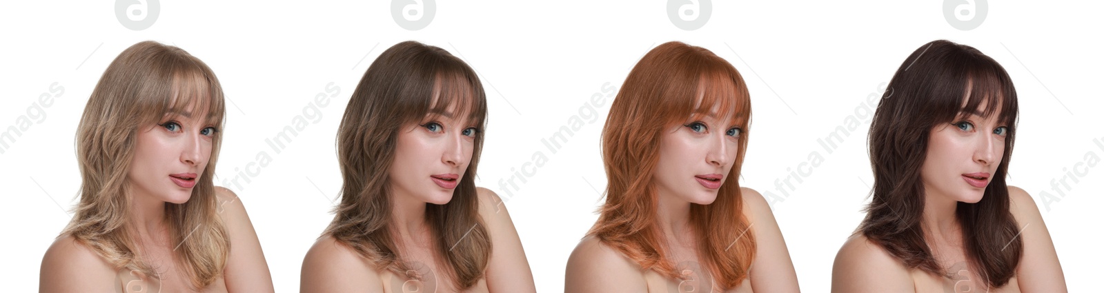 Image of Beautiful woman with hair dyed in different natural shades on white background, collage. Banner design