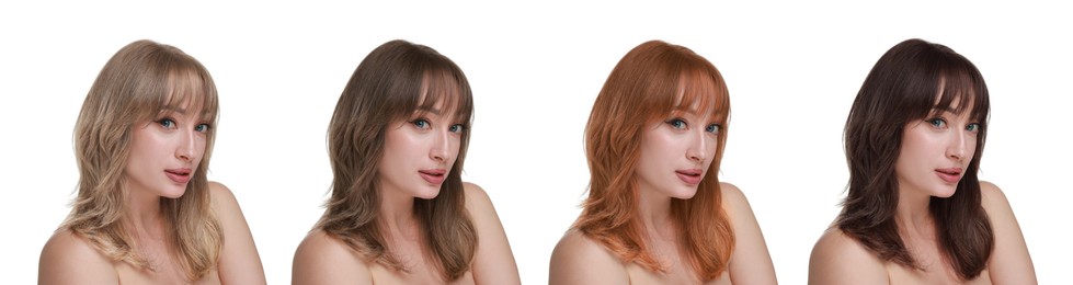 Image of Beautiful woman with hair dyed in different natural shades on white background, collage. Banner design