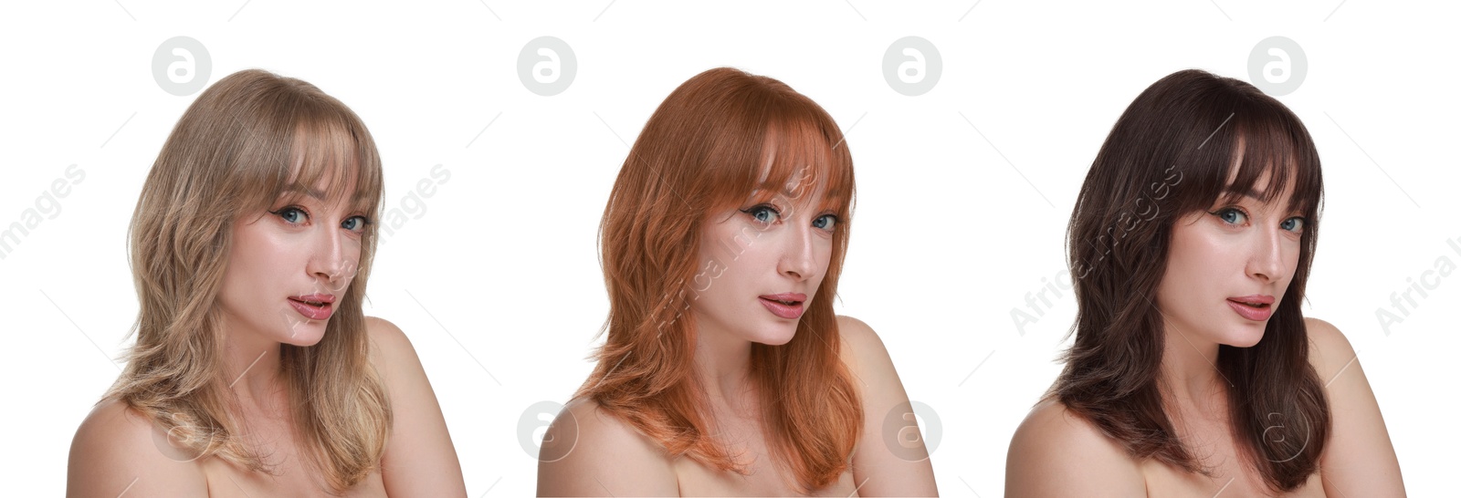 Image of Beautiful woman with hair dyed in different natural shades on white background, collage. Banner design