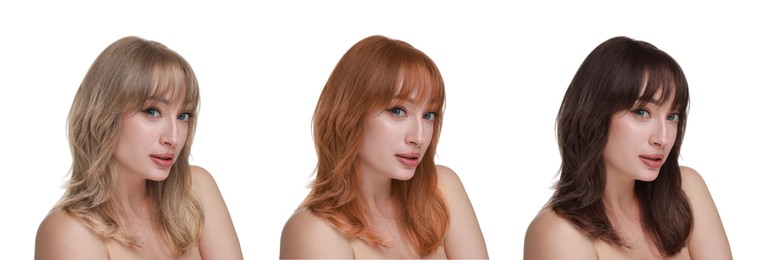 Image of Beautiful woman with hair dyed in different natural shades on white background, collage. Banner design