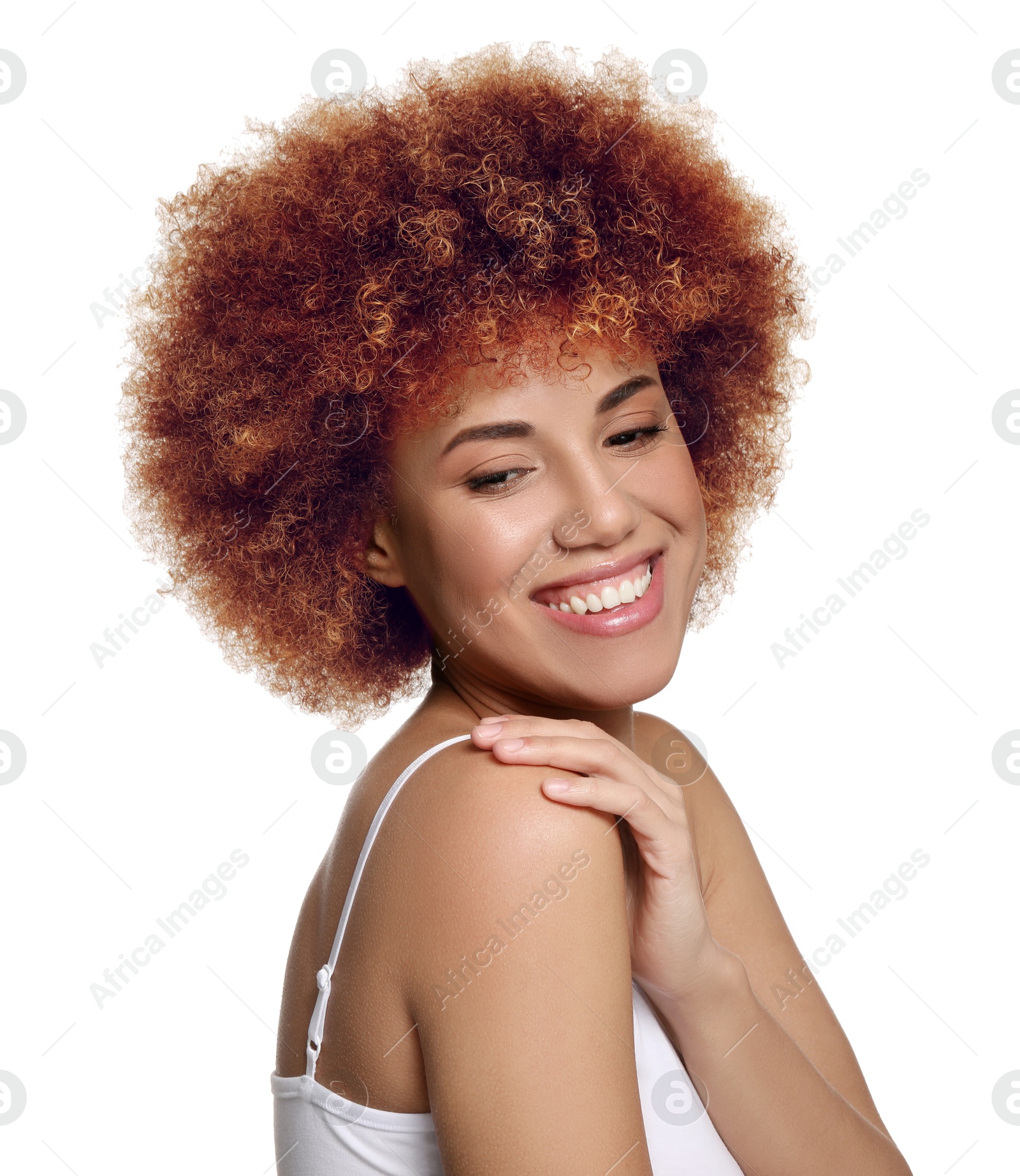 Image of Beautiful woman with hair dyed in natural color on white background