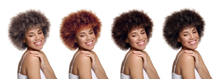 Image of Beautiful woman with hair dyed in different natural shades on white background, collage. Banner design