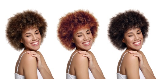 Image of Beautiful woman with hair dyed in different natural shades on white background, collage. Banner design