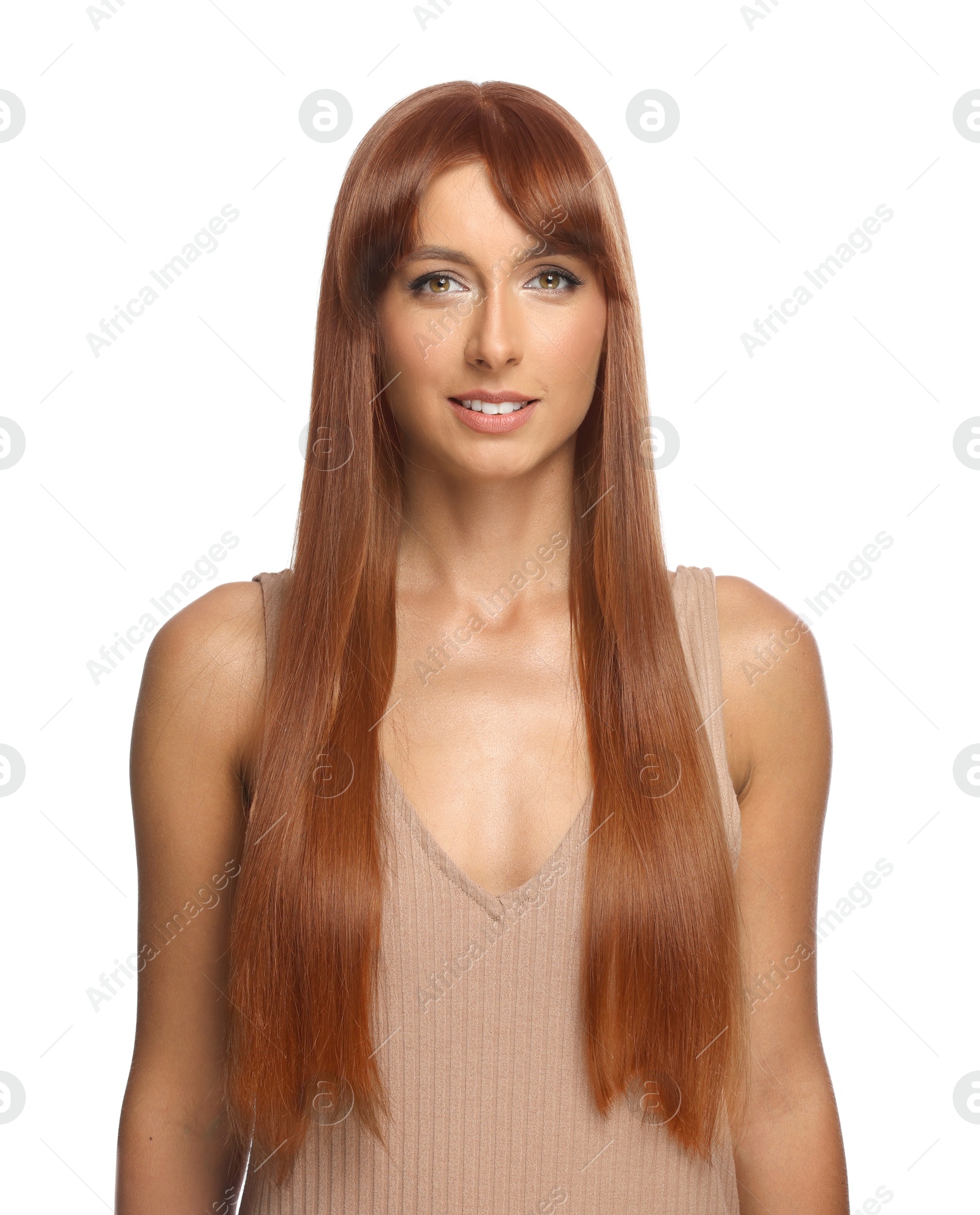 Image of Beautiful woman with hair dyed in natural color on white background